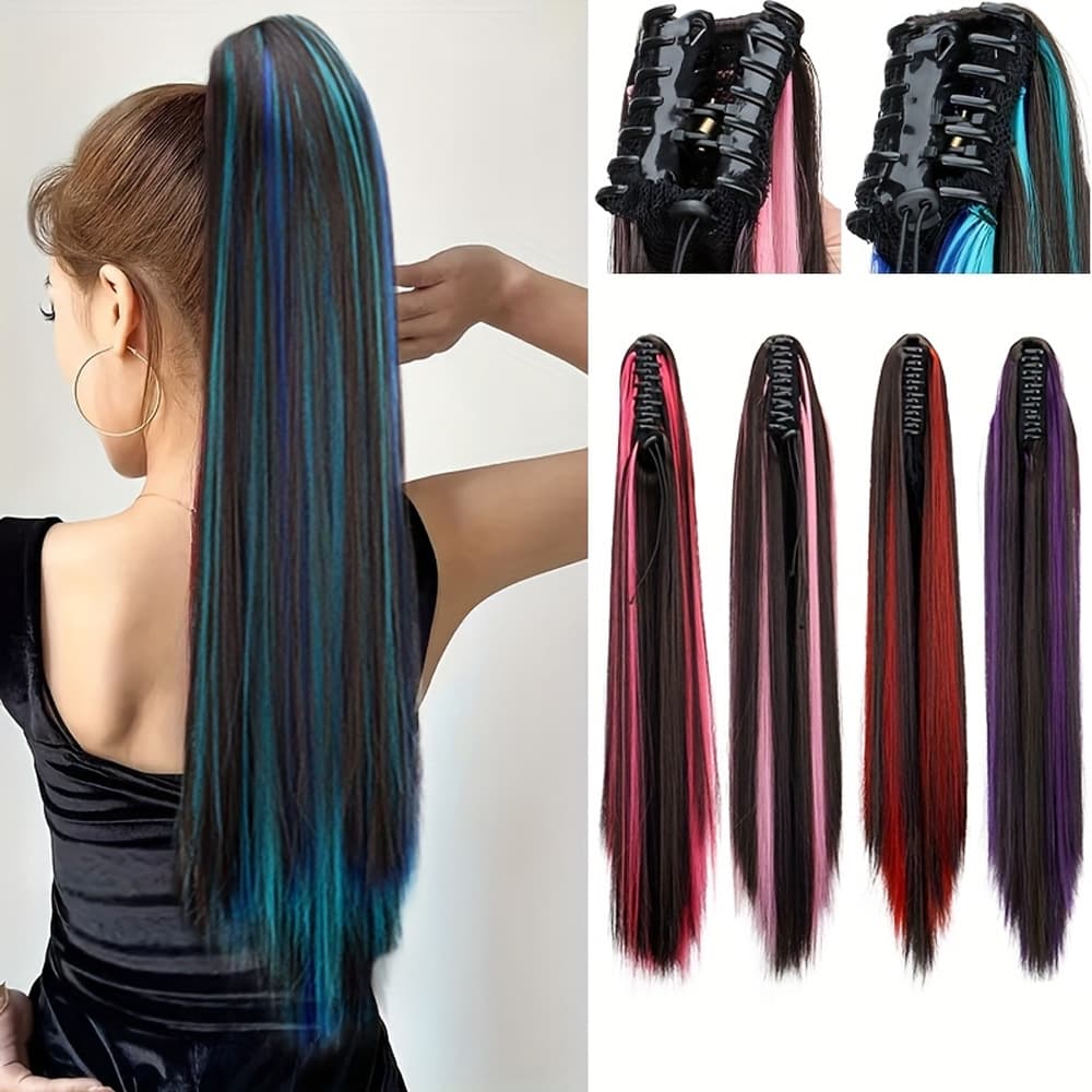 Fashionable Highlight Mixed Color Clip-in Long Straight Hair, Realistic Fake Ponytail for Women, Natural Look Hair Extension, Factory Wholesale