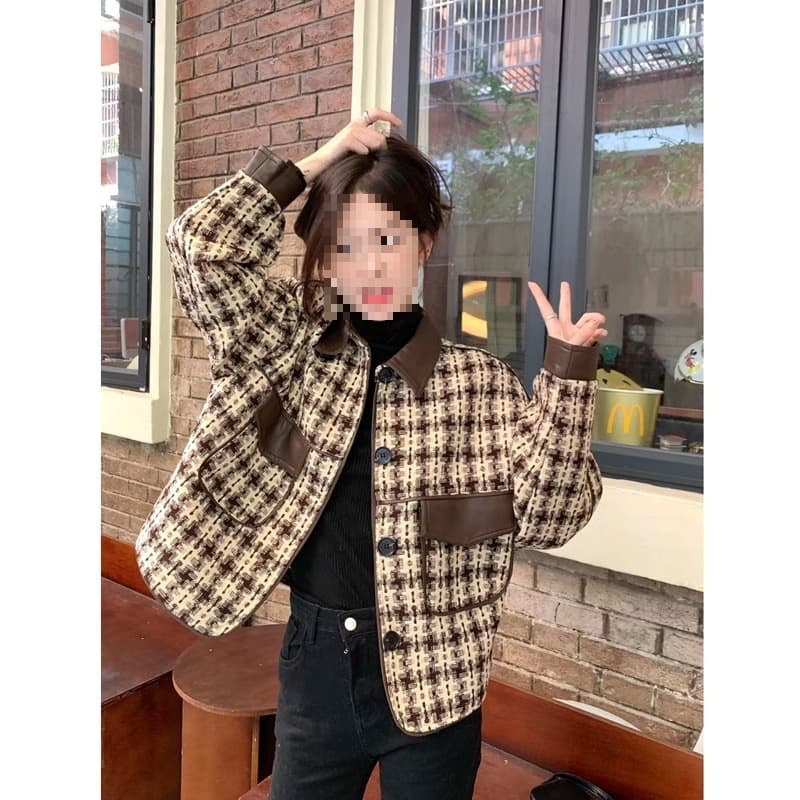 Little fragrance houndstooth coat for women, autumn and winter new style retro patchwork design short loose long-sleeve top.