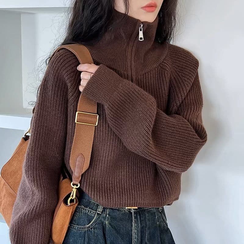 New 2024 Fall/Winter Half Turtleneck Youthful Half-Zip Mock Neck Sweater for Women, Designer Thick Long-Sleeve Knit Top