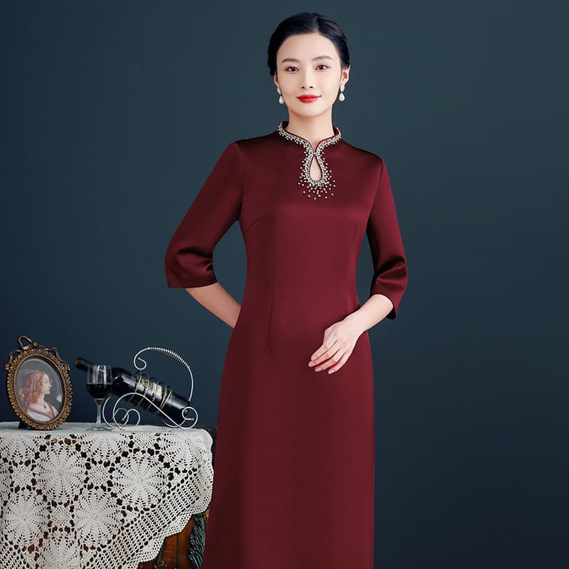 Compound Acetate Modified Cheongsam Wedding Mother Dress Red Banquet Toasting Gown