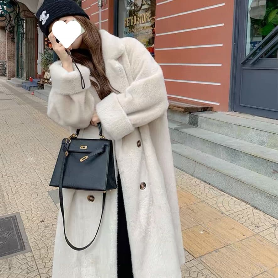 2025 Autumn/Winter Notched Collar Long Coat, Faux Rabbit Fur Thick Warm Elegant Fur Coat