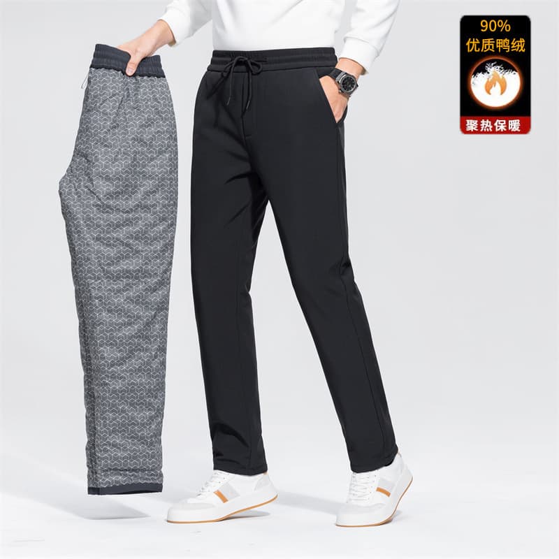 90% white duck down men's down pants, warm and cold-resistant winter elastic waist thickened casual straight-leg stretch outerwear pants.