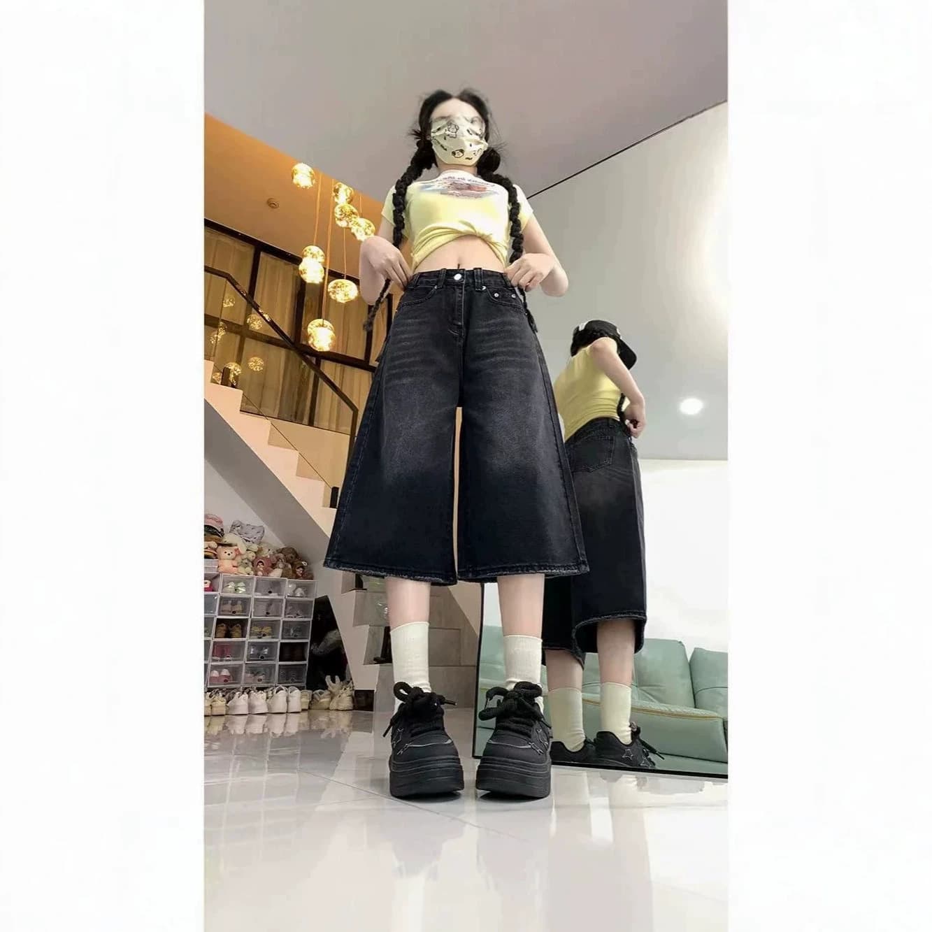 American High-Street Spring/Summer New 7-Point Denim Shorts for Women, Distressed Loose Wide-Leg Slimming Versatile Straight-Leg Mid-Length Pants