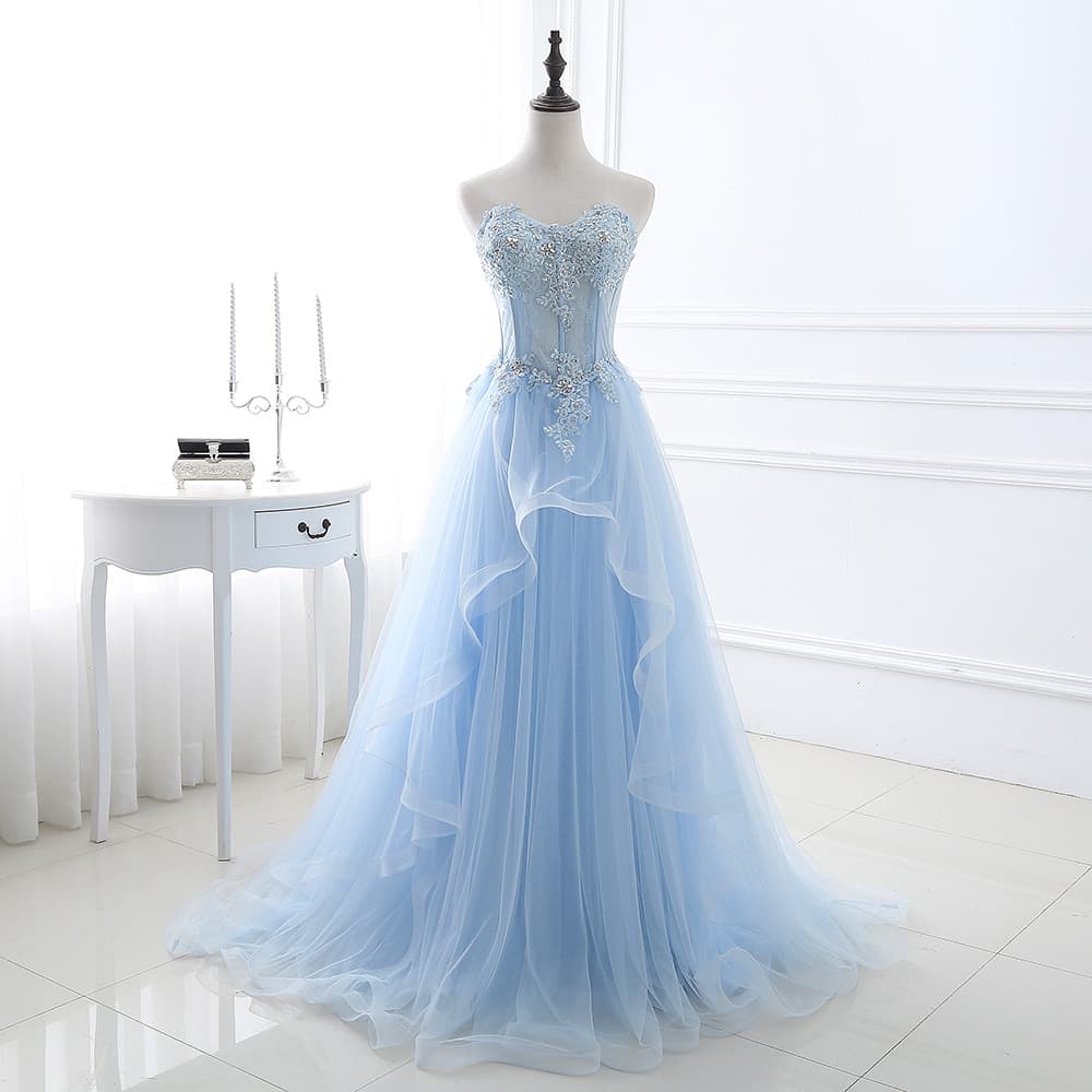 Blue Strapless Evening Gown for Student Art Exams, Performances, Graduation, Prom, Party, Elegant Annual Banquet Host Dress