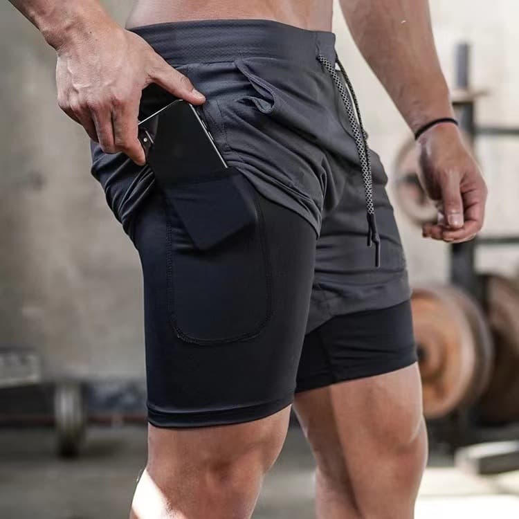 Factory direct sales cross-border breathable quick-drying sports pants men's double-layer trendy summer quick-drying fitness sports shorts