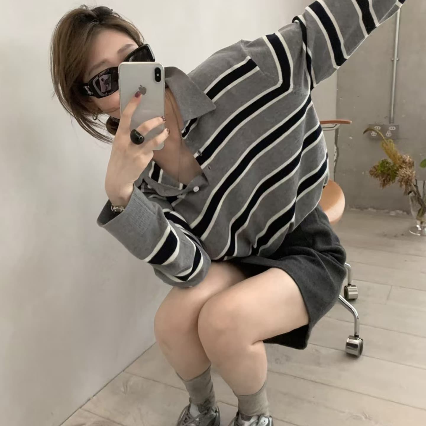 Lacher Korean Style Striped Polo Collar Intellectual Color-Blocked Sweater