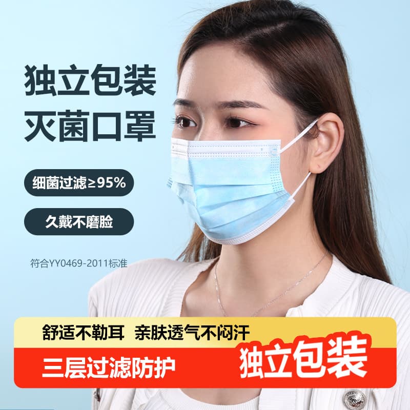 Disposable medical surgical masks, blue or white, protective, adult, individually packaged, non-restrictive, genuine medical product.