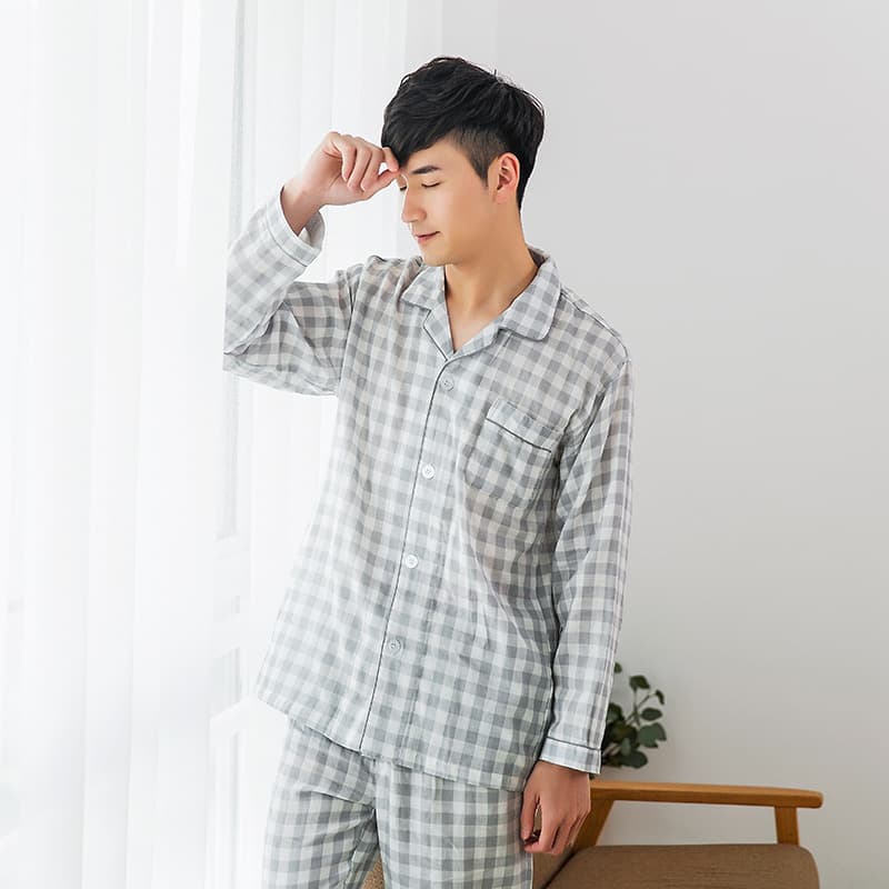 Men's Pajama Set Long Sleeve Long Pants Cotton Double-Layer Gauze Comfortable Breathable Spring Autumn Japanese-Style Lapel Collar