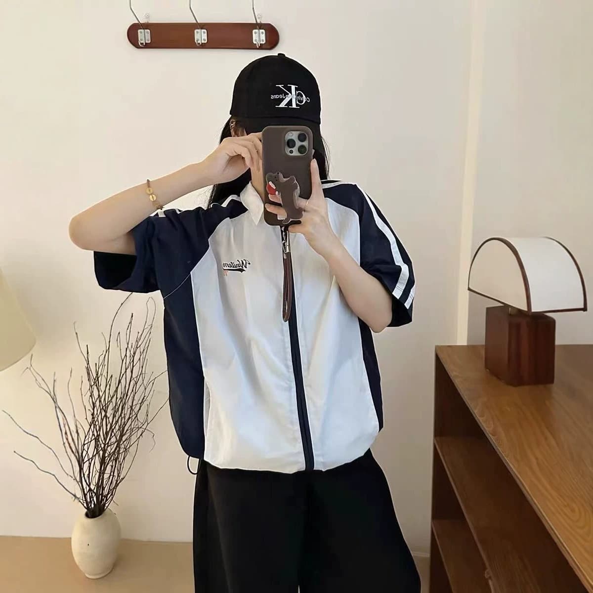 American Retro Contrast Color Shirt Zipper Jacket for Women, Loose Casual Sport Cardigan Light Jacket Unisex Wholesale
