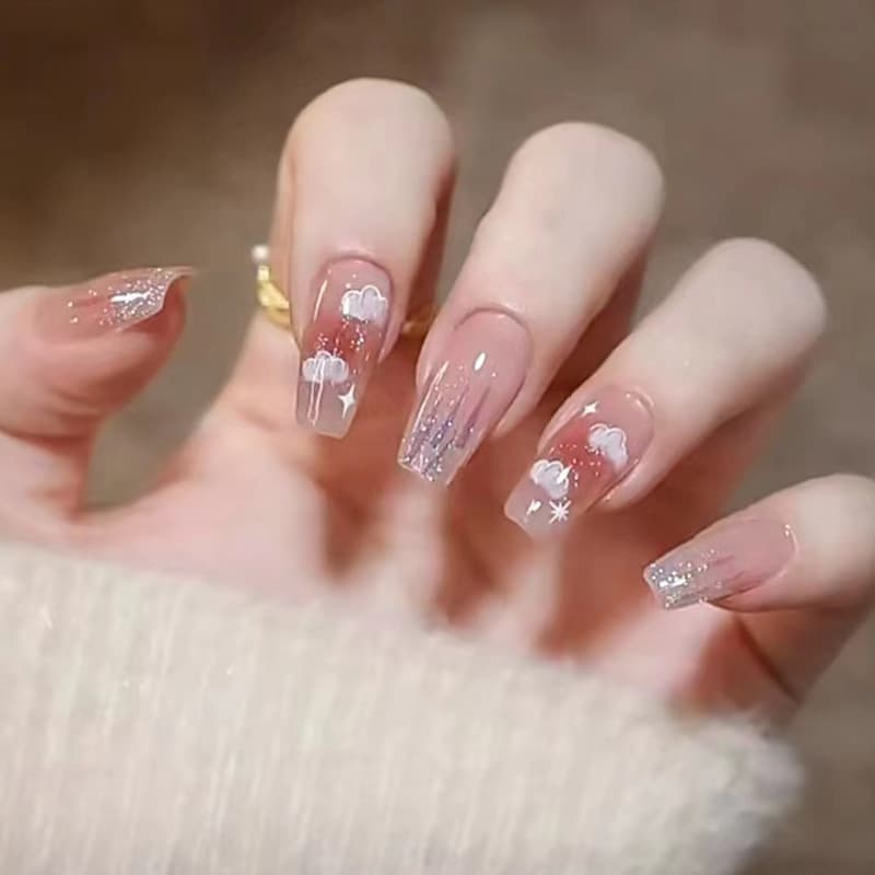 Wearable Nail Stickers Ballet Nails Ice Transparent Shimmering Cloud Nail Tips Fake Nails Detachable Ready-Made nail
