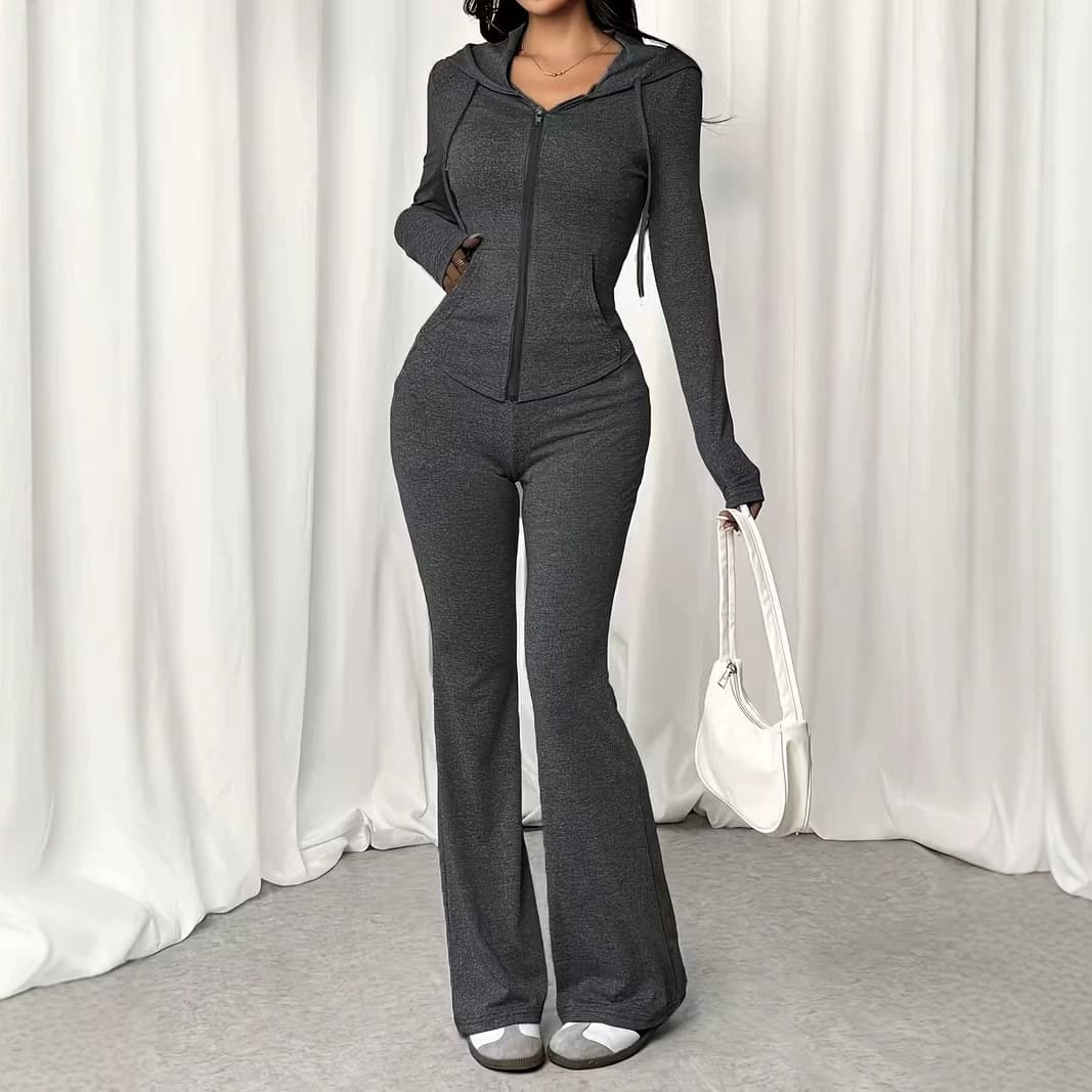2026 European and American cross-border autumn and winter new fashion and elegant zipper cardigan sports casual solid color sweatshirt suit for women
