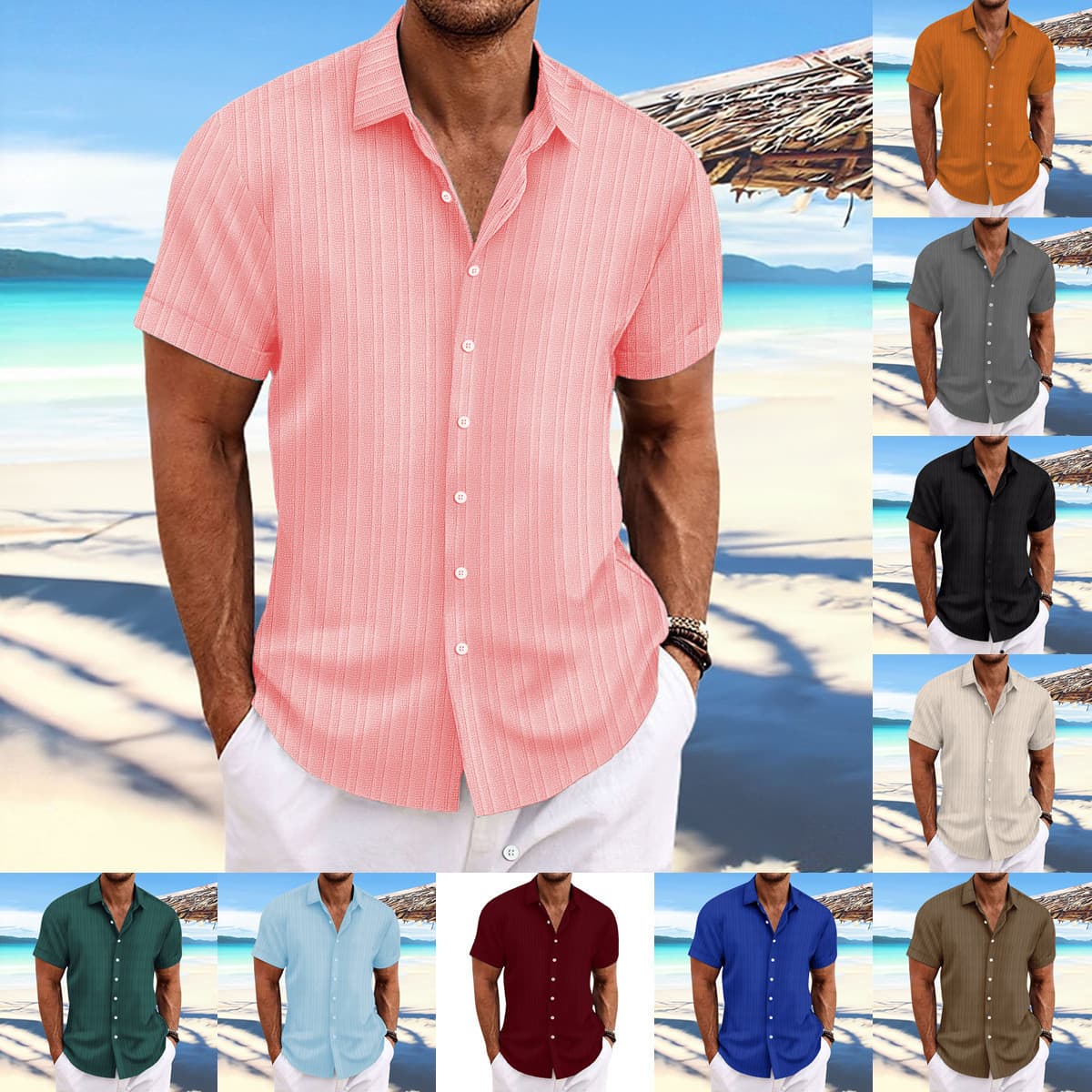 Cross-border Explosions Amazon AliExpress New Men's Striped Jacquard Casual Short-sleeved Shirt Waves