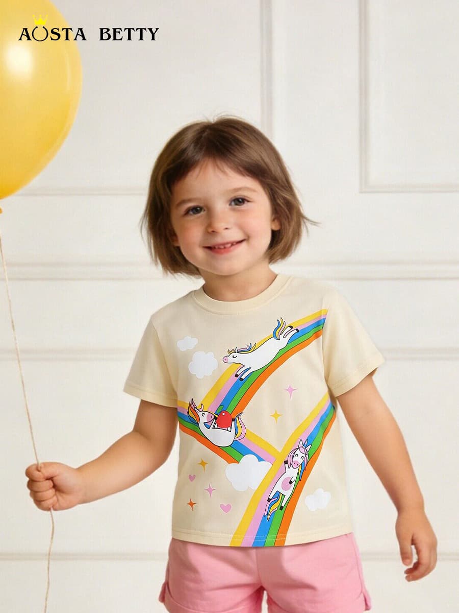 Source Factory Short-Sleeved T-Shirt European and American Style Unicorn Print Girls' Round Neck Pullover Knitted Cotton T-Shirt for Small and Medium-Sized Children