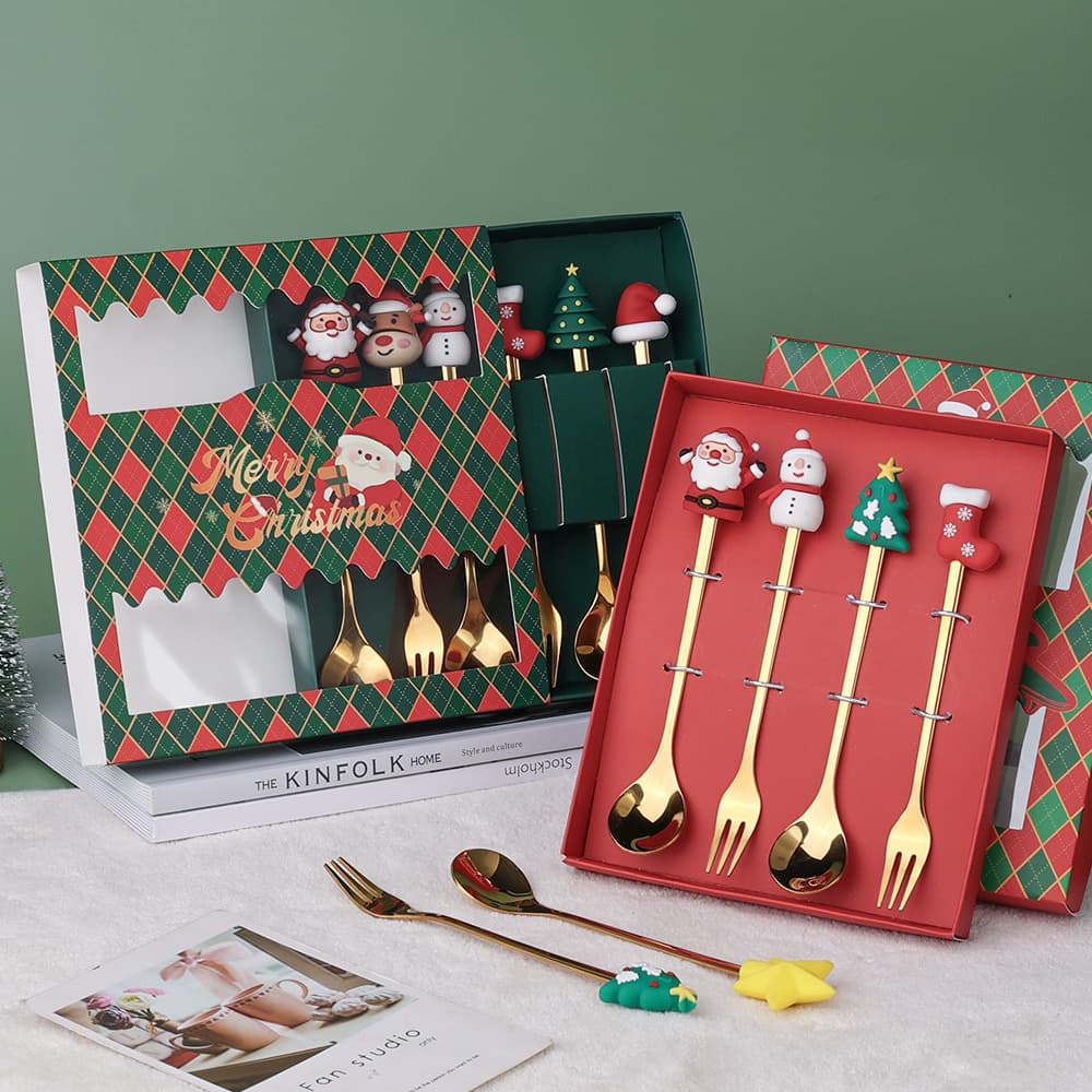 Creative Christmas Spoon Set Cute Ice Cream Coffee Spoons Fork Dessert Spoon Set Dining Tableware Gift Box from China