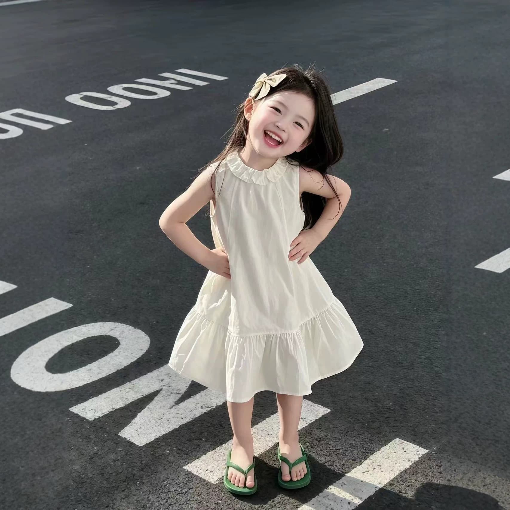 Girls Dress 2026 Summer New Children Lace Collar Sleeveless Princess Dress Baby Beautiful Vest Dress