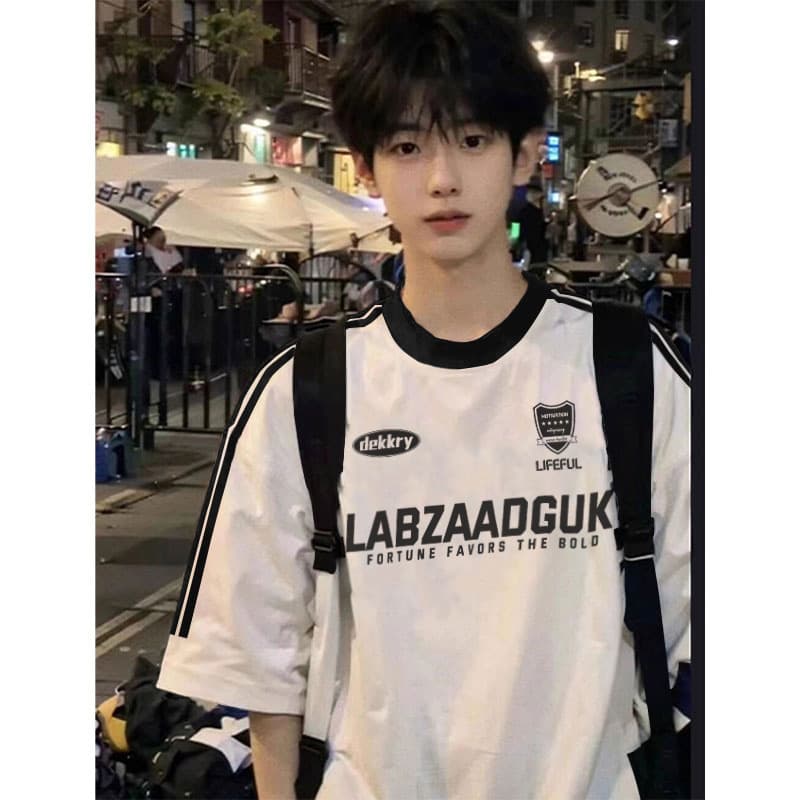 American Original Letter Printed Three-Stripe Short-Sleeved T-Shirt for Men, Summer Simple and Versatile Loose Cotton Undershirt