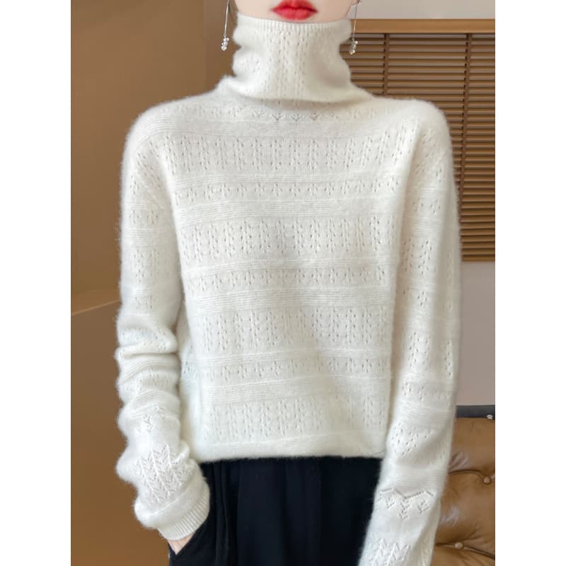 Autumn/Winter Turtleneck Women's Sweater 100% Wool Knitwear Slim Fit New Hollow Out Top Versatile Stylish Base Layer