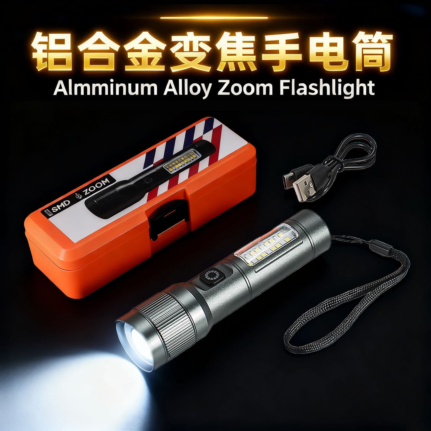 Zoom bright flashlight typ-c rechargeable outdoor lighting white laser flashlight with cob warning light aluminum alloy