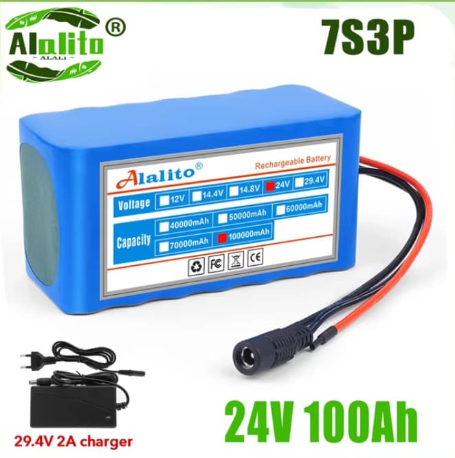 24V 7S3P 18650 Lithium Ion Battery Pack 100Ah with BMS Suitable Scooter Electric Wheelchair Charger