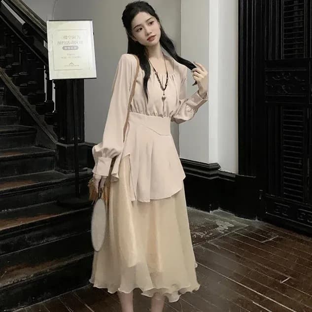 Zen Style Women's Set Spring 2026 New Pure Desire Pleated Irregular Waist Top High-Waist Slimming Skirt