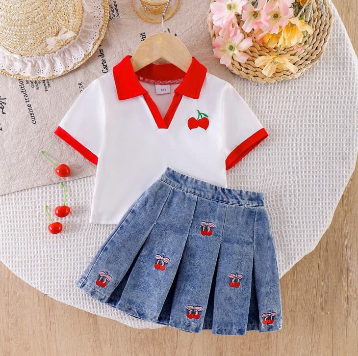 Young Girls Clothes 3-7Y Summer Short Sleeve Polo Top + Embroidered Denim Pleated Skirt
