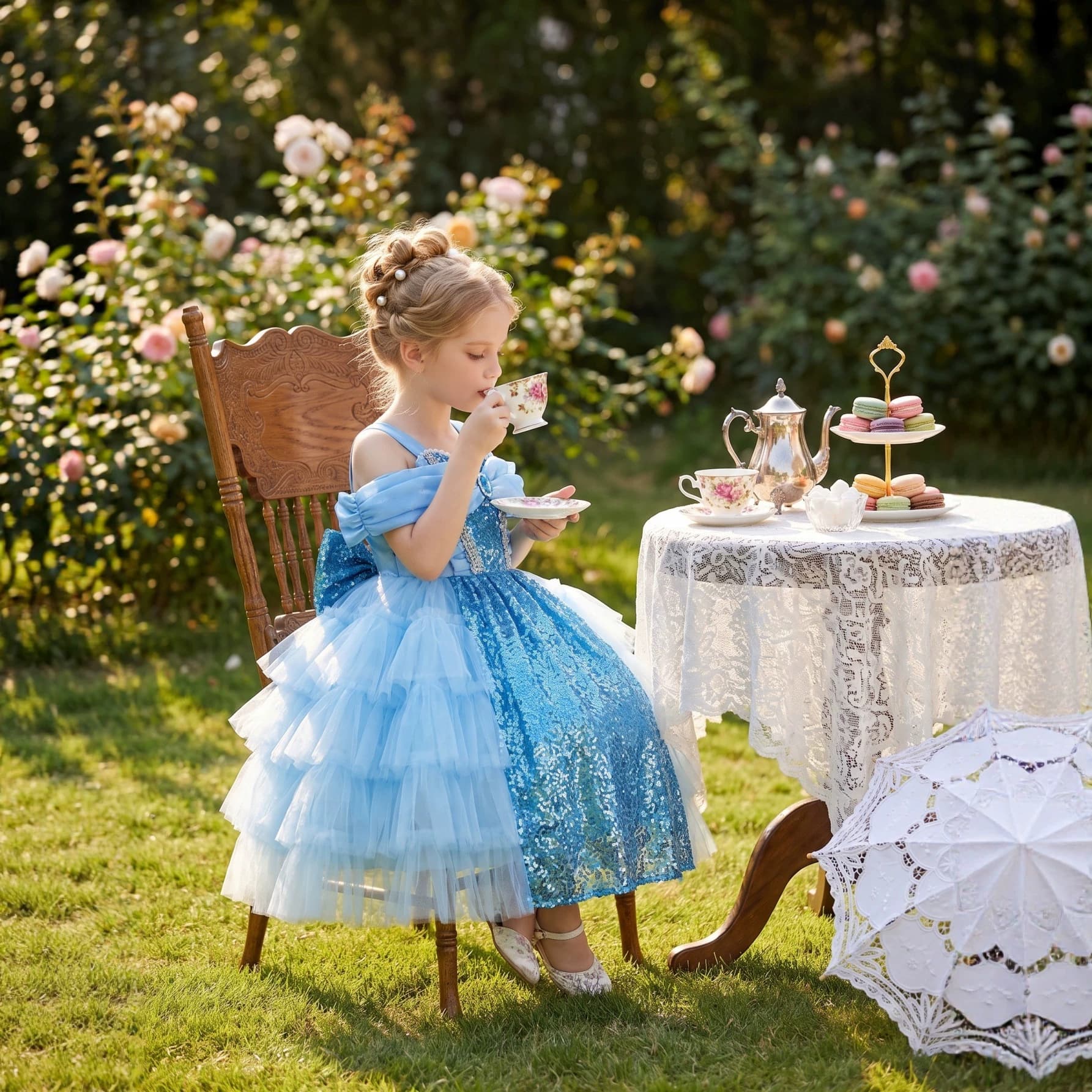 2026 Summer Girls Sequin Mesh Blue Dress Bow Children Princess Dress Party Dress Children's Clothes