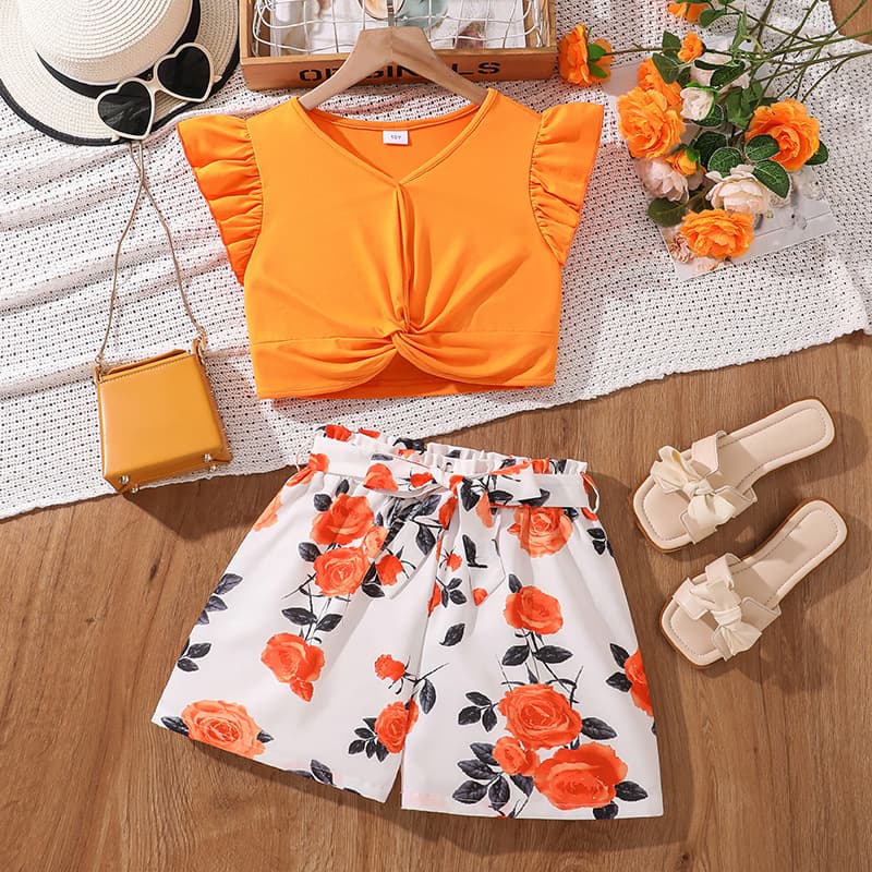 Girls suit foreign trade children's clothing 2025 summer new style V-neck flying sleeves twisted hem top printed shorts two pieces