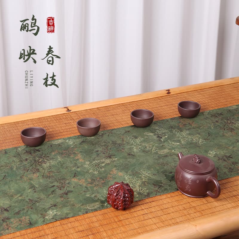 New Chinese-style double-sided waterproof tea mat high-end table flag, tea ceremony tablecloth, tea table cover with Oriole Singing on Spring Branch design, Zen-inspired tablecloth