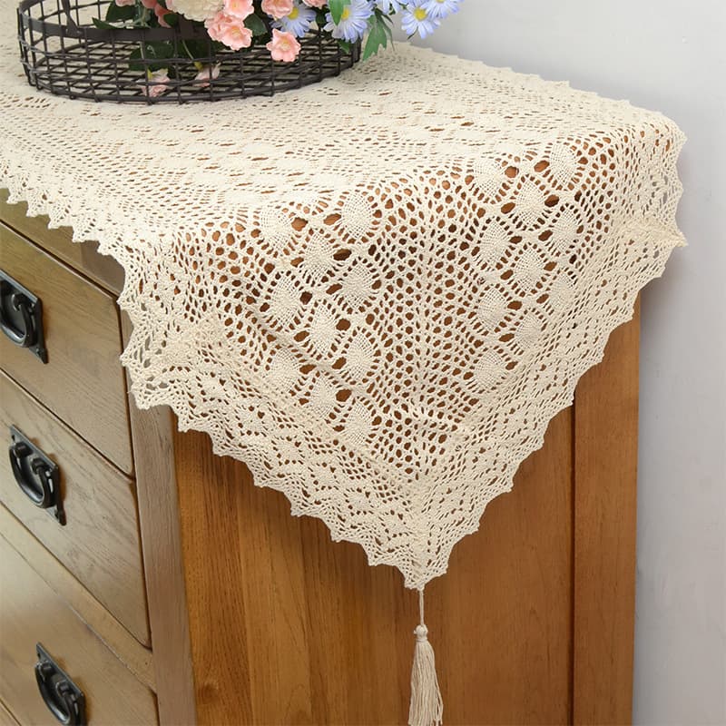Rustic cotton lace hollow-out crochet-style table runner, American vintage dining table cloth, coffee table mat, TV cabinet cover, chest of drawers cover