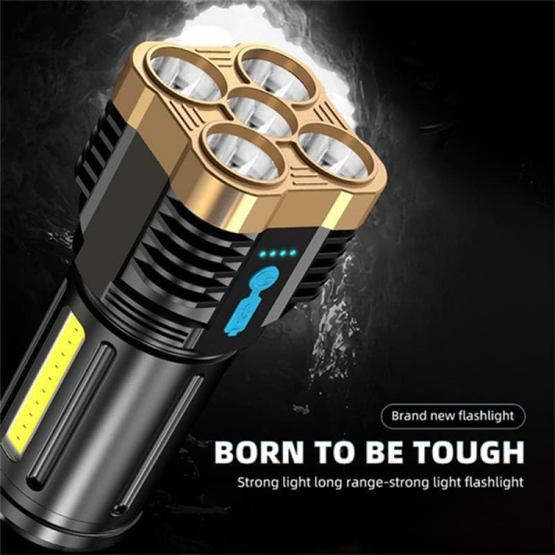 New LED five-core multi-functional USB rechargeable flashlight with COB side light, suitable for outdoor and home emergency use.