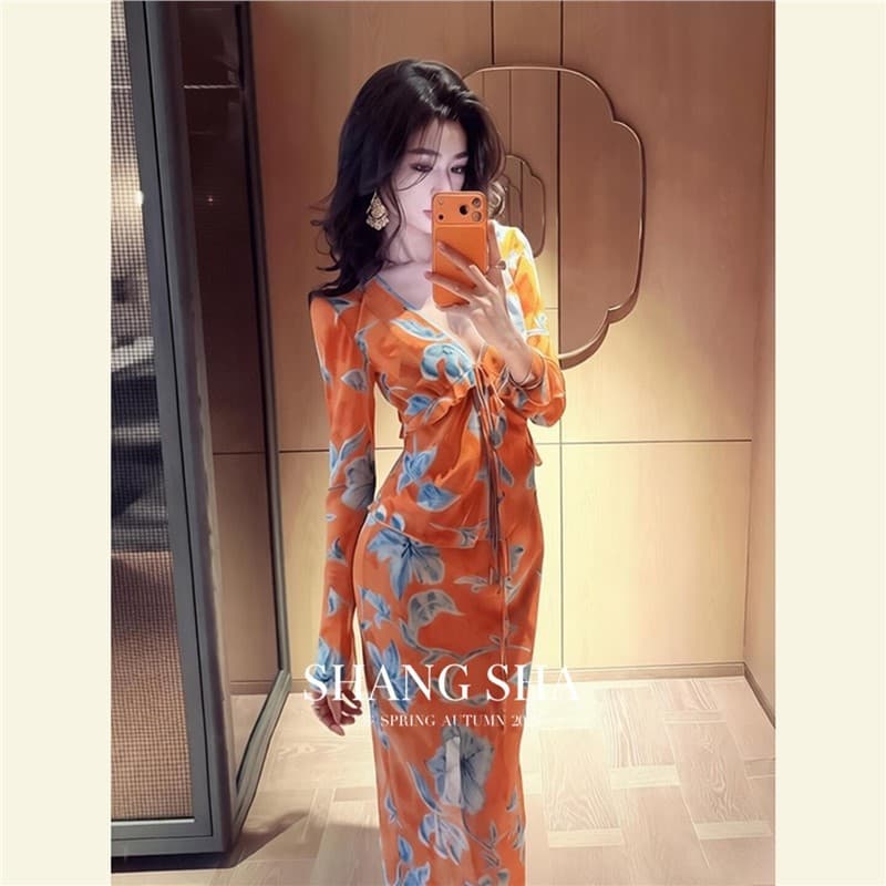 Shenzhen Nanyou Summer High Society Socialite Elegant Beach Vacation Floral Fitted Dress