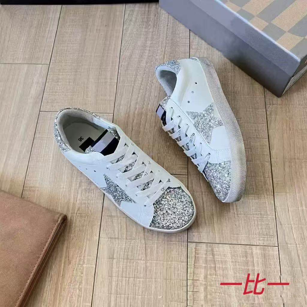 2025 Spring New Distressed Sneakers Women's Handmade Dirty Shoes Gold Star Black Heel Sequins Casual Shoes