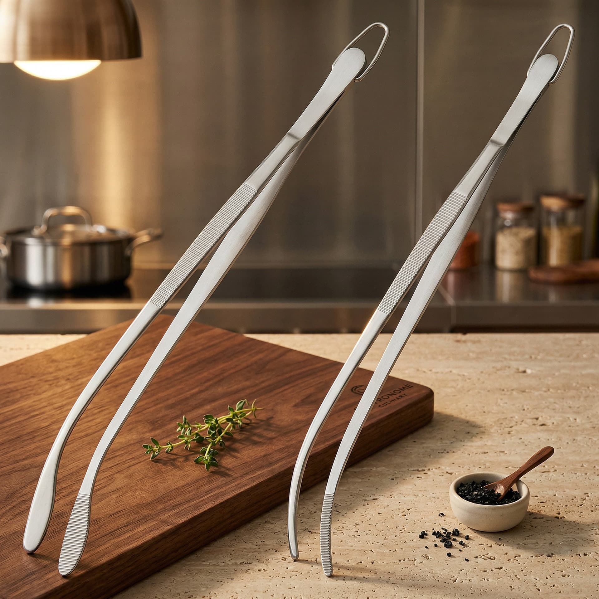 Stainless Steel Stand-Up Curved Kitchen Tongs, Curved Head Kitchen Cooking BBQ Tongs, Professional Chef Plating Tweezers