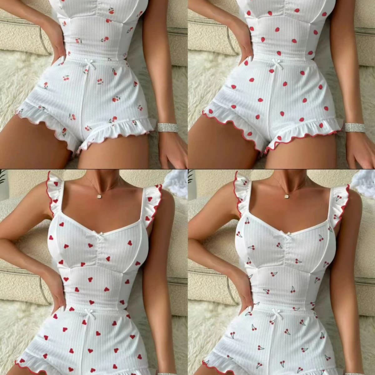 Popular foreign trade suspender shorts, sexy ruffled multi-color love print, comfortable and casual home wear two-piece suit