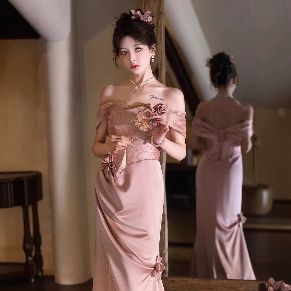 One-shoulder toast dress, high-end pink dressing gown, bride engagement wedding evening dress, banquet host dress