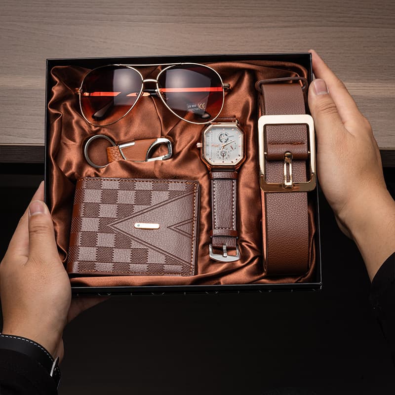 New Cross-Border Men's Watch Set with Leather Strap, Sunglasses, and Wallet - Christmas Gift Set for Parties