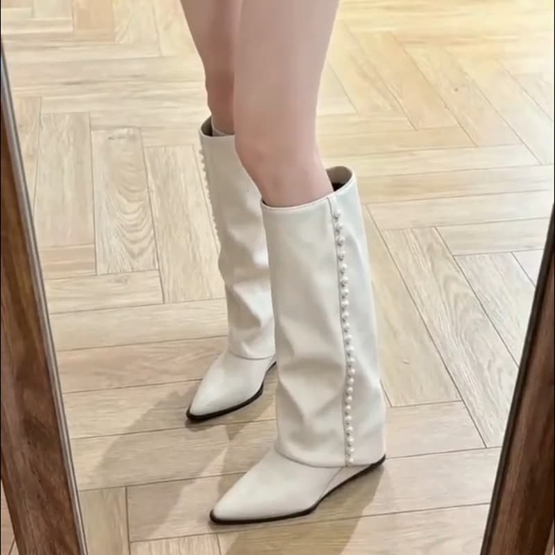 Fashionable Design Slim-Leg White Boots 2026 Summer New Trendy Wide Fit Pointed Toe Wedge High Shaft Knee-High Boots