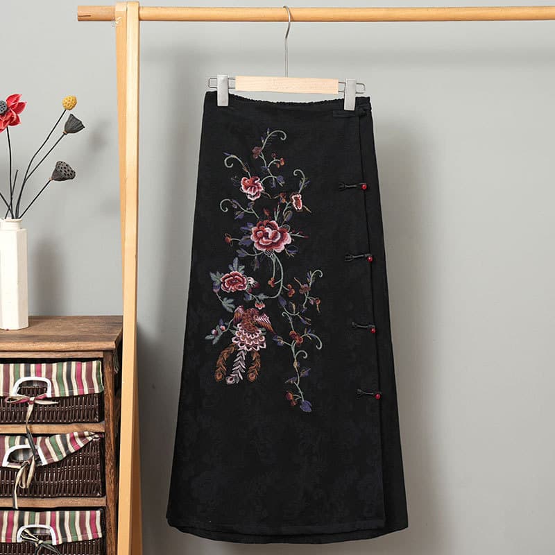 Artistic Chinese Style Heavy Embroidery Midi Skirt, New Autumn Style, Women's Cotton Linen Jacquard, Semi-Elastic Fit, Side Beaded Button, Bodycon Long Skirt