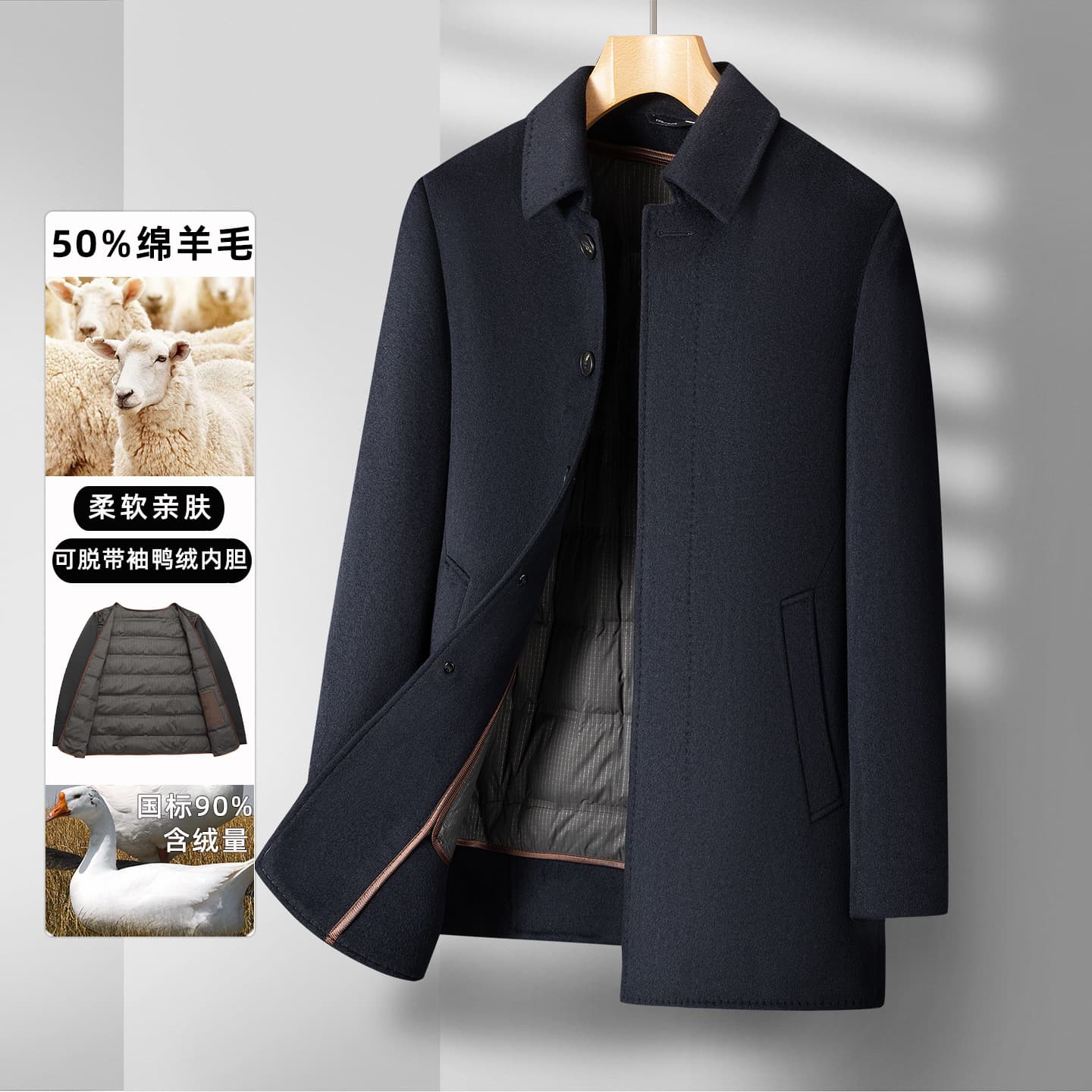 2025 Mid-Age Men's Turn-Collar Reversible Wool Coat with Detachable Full Garment Down Liner for Autumn and Winter Warmth, Dad's Style