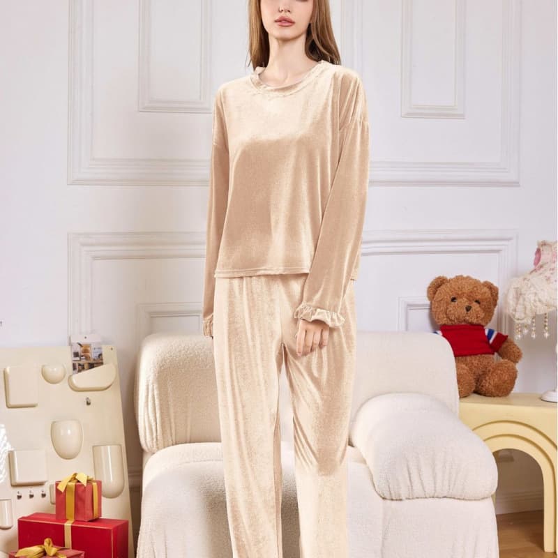 European and American Autumn Winter Warm Velvet Ruffled Long Sleeve Long Pants Two-piece Set Cross-border Exclusive Pajama Women Wholesale Loungewear
