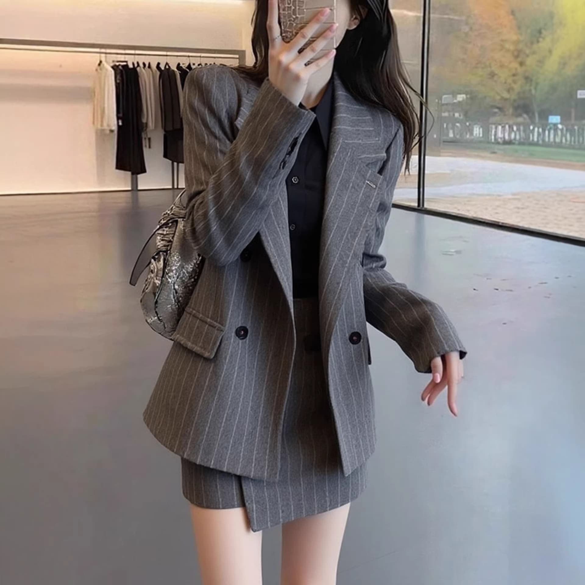 2620 Plus Size Women's Spring Chanel-Style Gray Striped Suit Set for Curvy Ladies Two-Piece Skirt Set