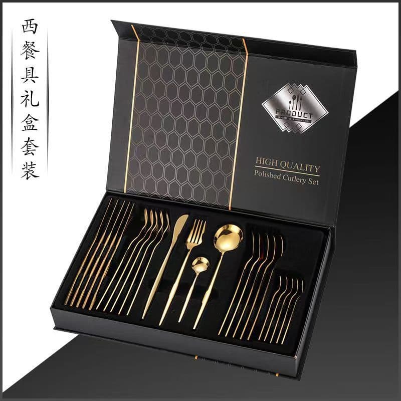 Stainless Steel Dining Set Restaurant Quality 24 Piece Black Flip Cover Box Fork Spoon Cutlery Set Home Living Essential