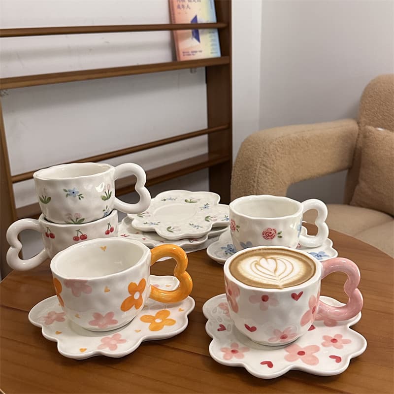 Korean Ins-style hand-painted handmade ceramic cup and saucer, underglaze irregular coffee cup and saucer, afternoon tea cup and saucer