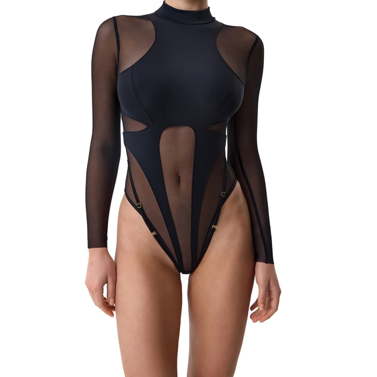 Amazon Cross-Border Sheer Mesh Slimming Waist-Cinching Sexy Long-Sleeve Bodysuit with Leg Straps and Open Crotch