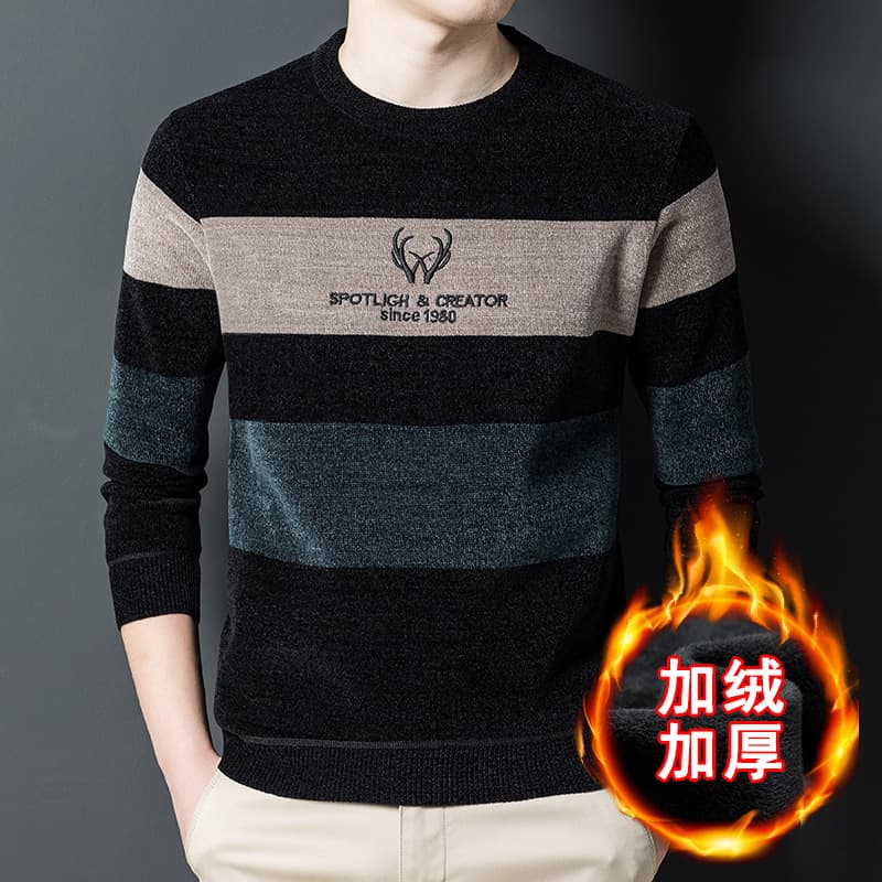 Winter Men's Round Neck Chenille Sweater Fleece-Lined Thermal Casual Knitwear Base Layer