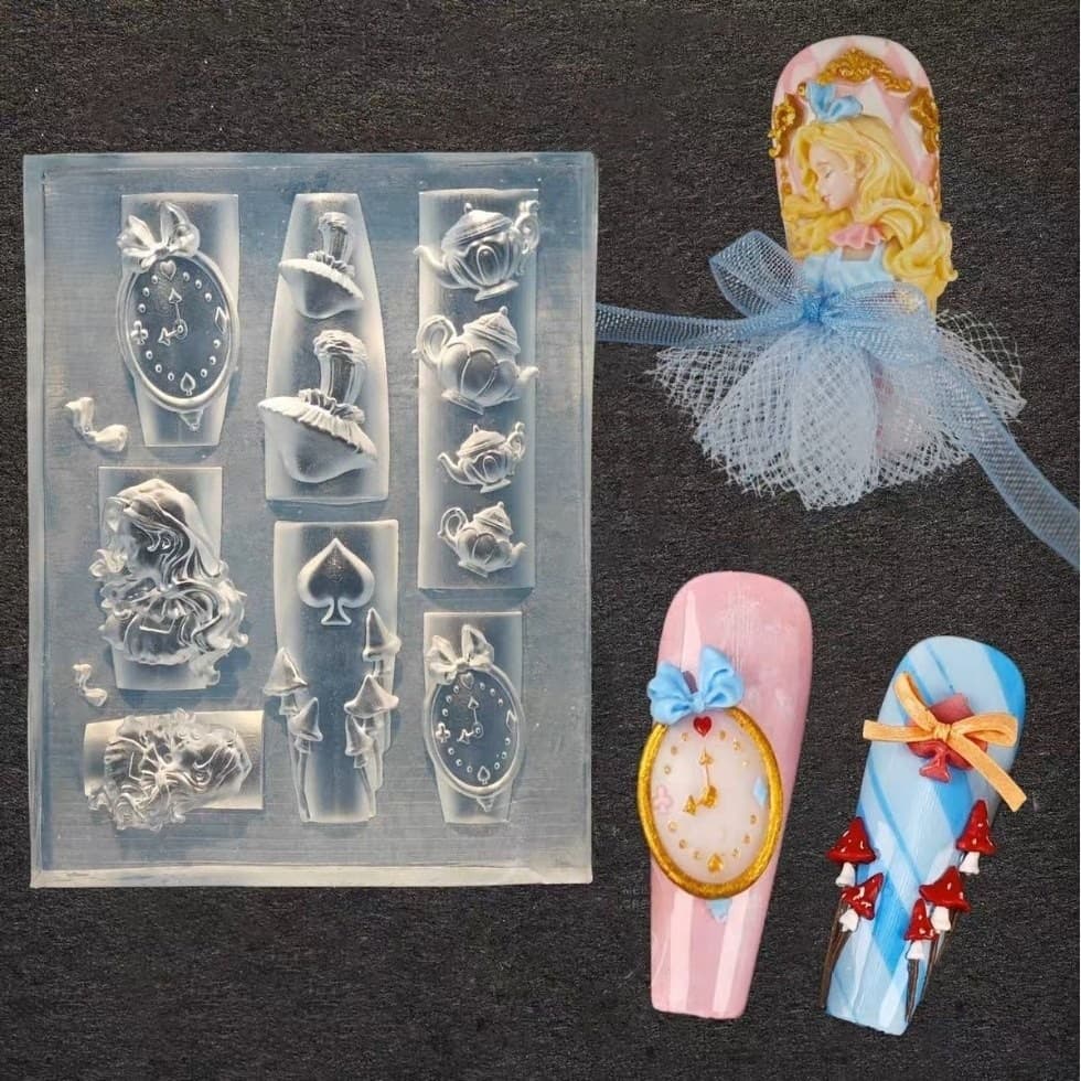 Alice in Wonderland Nail Art Mold - Mushroom Teapot Clock 3D Carving Silicone Mold Nail Tool Drop