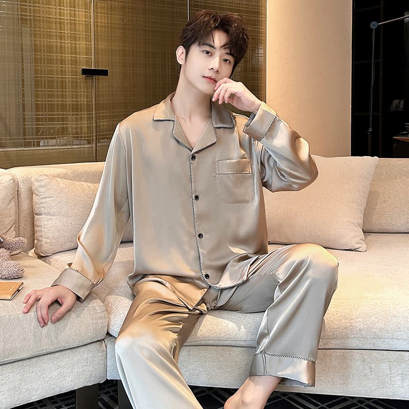 Solid Color Men's Loungewear Premium Trim Plus Size Wearable Out Long Sleeve Pants Thin Spring Autumn New Men's Pajamas