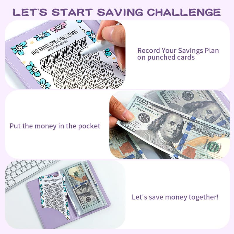 Cash Savings Book with Elastic Band and Punch Card, 100-Day Savings Challenge Financial Planning Notebook, Drop Shipping