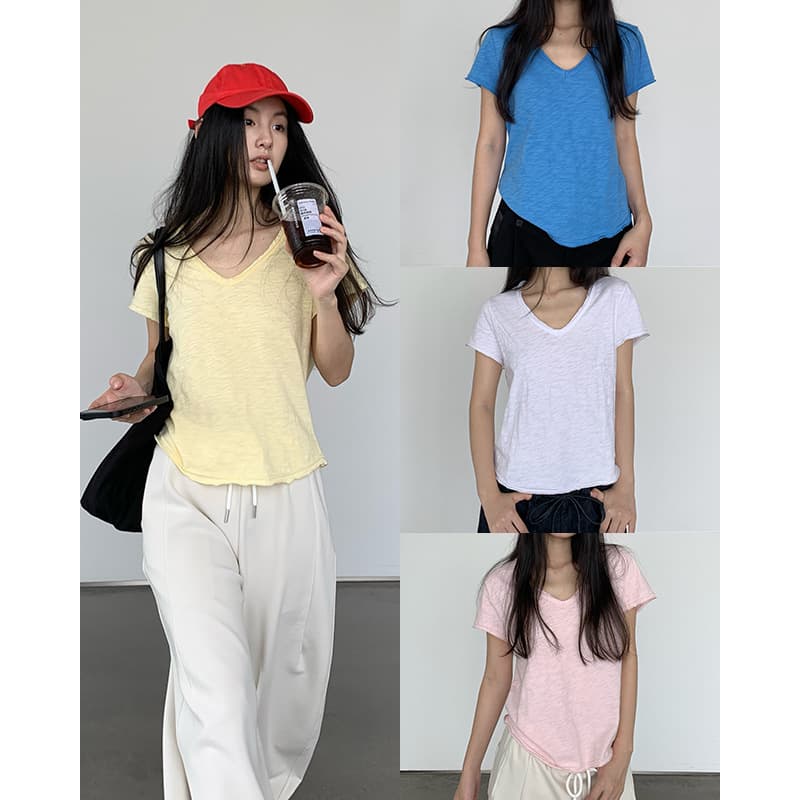 Nantao Bamboo Cotton V-Neck Rolled Edge Short-Sleeved T-Shirt for Women 2026 New Style Soft, Breathable, Relaxed Pure Cotton Loose Top