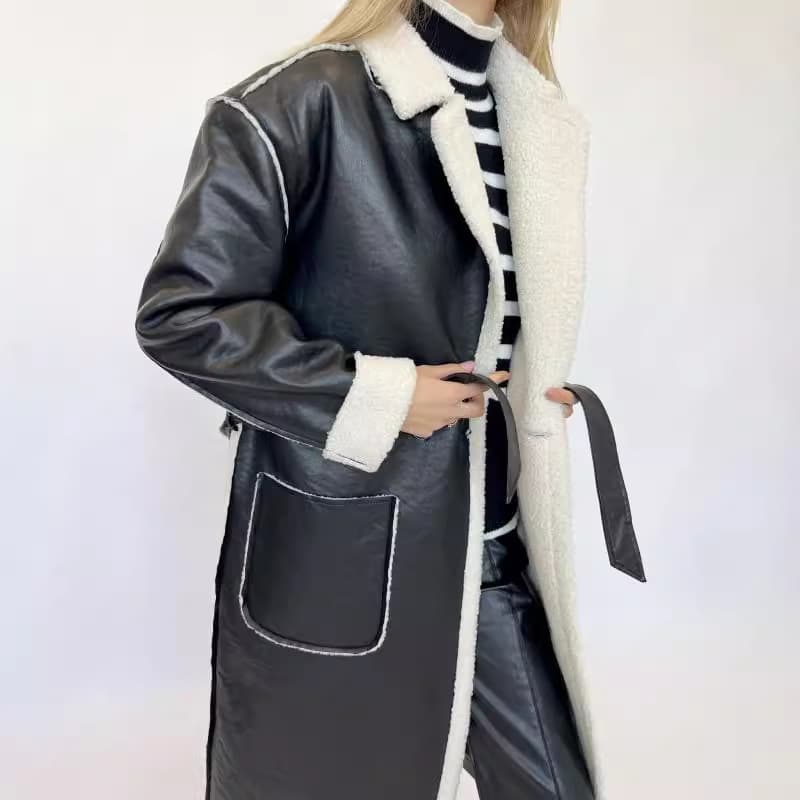 Amazon Cross-border Trade Women's Casual Thickened Leather Trench Coat Loose Fashion Belted Jacket for Autumn/Winter in Europe and America
